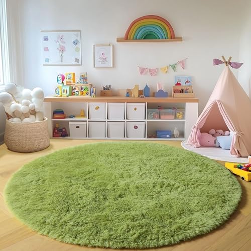 Grass Green Fluffy Round Rug Circle Area Rugs 4ft for Kids Teen Bedroom (Green / 4' (Round))