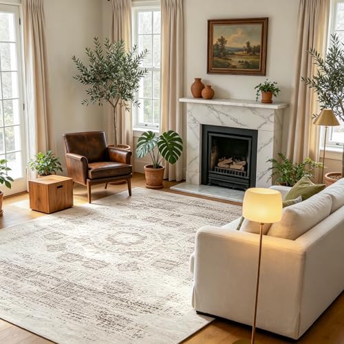 8x10 Boho Washable Area Rug for Living Room (8' x 10' (Rectangular) / Brown-faint-yellow)