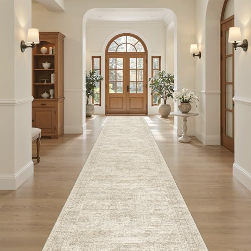 Hallway Runner Rug 2'6" x 16' Washable Long Kitchen Rugs Beige (Beige / 2'6" x 16' (Runner))
