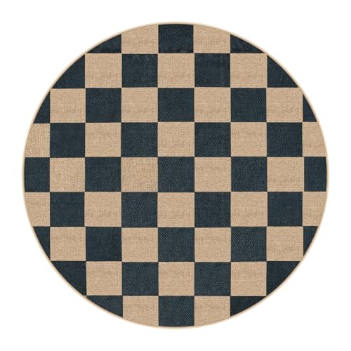 Checkered Easy Jute 4ft Round Outdoor Rug (4' Round / Black/Checkerboard -1)