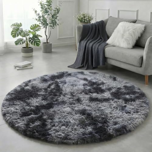 Tie Dyed Dark Grey Circle Area Rug 5Ft for Men Bedroom Living Room (Tie-dyed Dark Grey / 5' (Round))