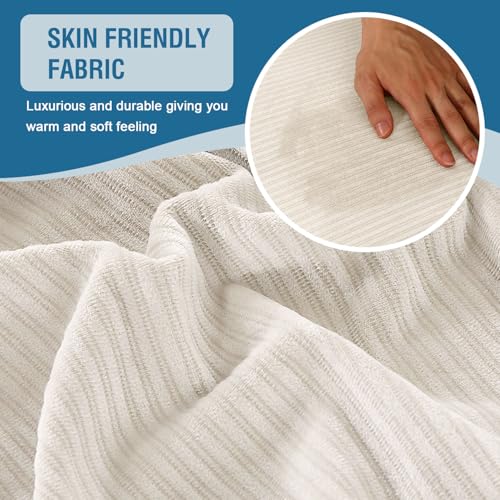 Velvet Stretch Couch Cushion Cover Plush Cushion Slipcover for Chair Loveseat Sofa Cushion Furniture Protector Seat Cushion Sofa Cover (Striped Ivory / 3 Cushion Sofa)