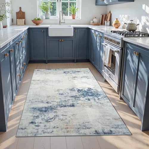 4x6 Washable Non Slip Abstract Area Rugs for Bedroom Living Room (Blue / White / 4' x 6' (Rectangular))