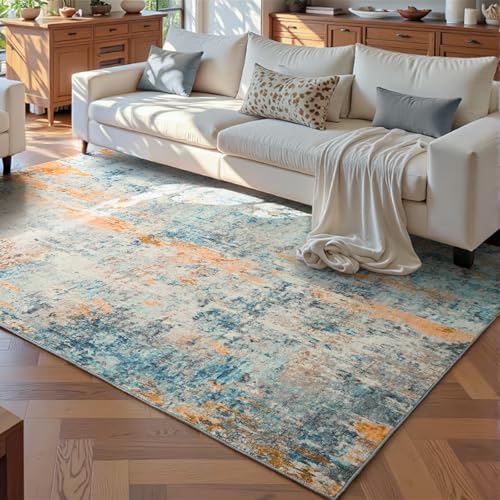 Living Room Rug 5x7 Blue Area Rug Machine Washable Boho Rug Non Slip Abstract Vintage Indoor Large Rugs for Bedroom (Blue / 5' x 7' (Rectangular))