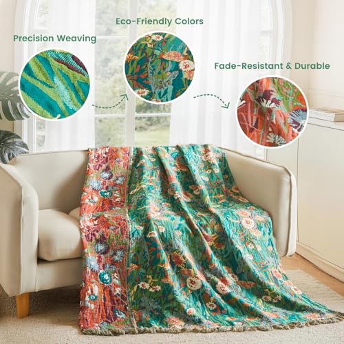 Boho Throw Blanket 50"x60" 100% Cotton Floral Blanket for Couch Bed (Flowers Green / 50"x60")