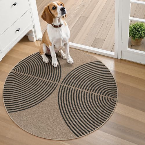 Modern Rainbow Small Round Rug (3' Round / Nature/Black Rainbow)