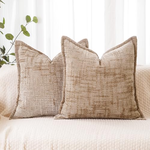 Chenille Throw Pillow Covers 18x18 Inch (Chenille-light Brown / 18" x 18" (Pack of 2))