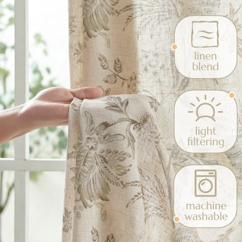 Taupe Floral Linen Curtains 63 Inch Vintage Back Tab 2 Panels (*Jacobean Taupe / 50"W x 63"L (Pack of 2))