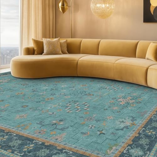 Washable 10x12 Large Teal Teal Boho Living Room Rug (10' x 12' (Rectangular) / Emerald Teal)