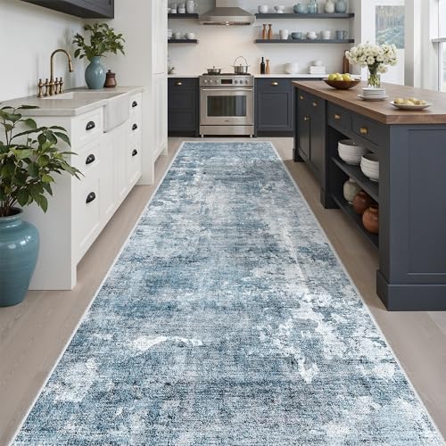 Abstract Runner Rug 3x10 Hallway Kitchen Rugs Non (Blue/Grey / 3' x 10' (Runner))