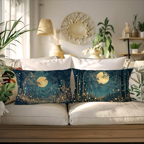 Rustic William Morris Style Night Moon Forest Decor Pillow Covers 20x12 Set of 2 (Forest-black and Gold 31 / 20" x 12" (Pack of 1))