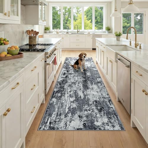 Washable Runner 3'x8' Abstract Area Rug for Hallway Black White (Black/Navy Blue/Gray / 3' x 8' (Runner))