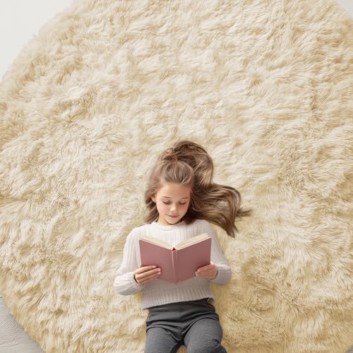Cream Round Rugs for Bedroom (7 Ft Round / Cream)
