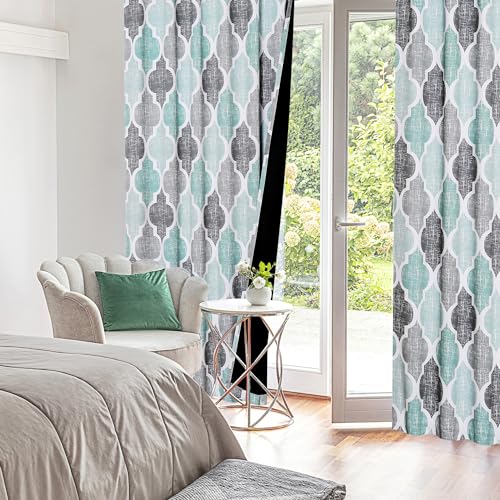 Moroccan 100% Blackout Curtains Bedroom Aqua Grey 50x96 2 Panels (Rod Pocket | Aqua and Grey / 50"W x 96"L (Pack of 2))