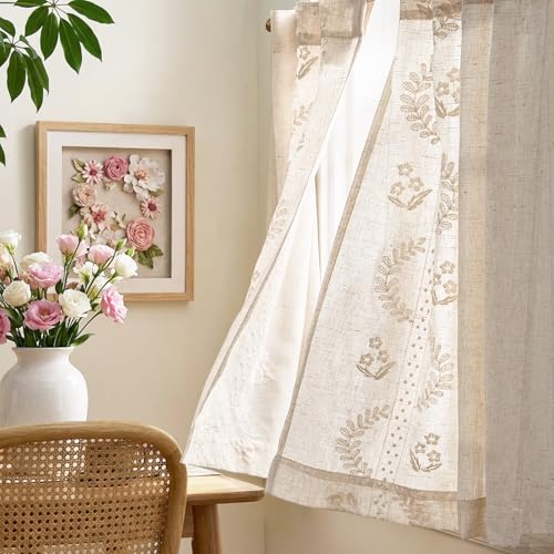 Ivory Floral Linen Kitchen Tier Curtains 36 Inch (A| Ivory / 26"W x 36"L (Pack of 2))