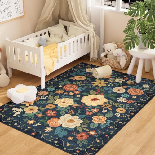 3x5 Area Rug Floral Washable Rug for Bedroom Non Slip (Navy Blue / 3' x 5' (Rectangular))