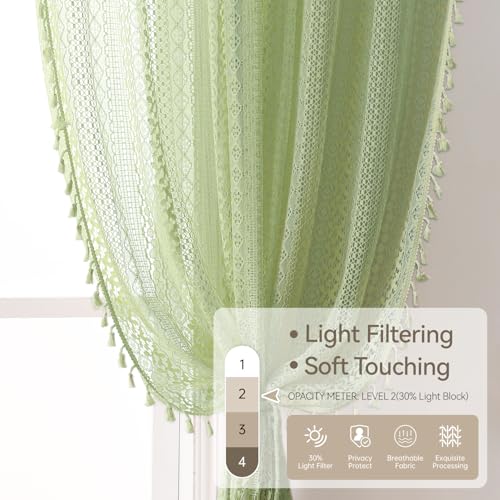 Boho Lace Curtains 63 Inches 2 Panel (59"W x 63"L (Pack of 2) / Grass Green)