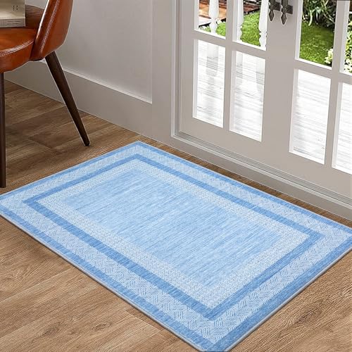 Modern Geometric Area Rug 2x3 Distressed Bordered Washable Non Slip Floor Small Carpet Non Shedding Thin Soft Low Pile Rug (Light Blue / 2' x 3' (Rectangular))