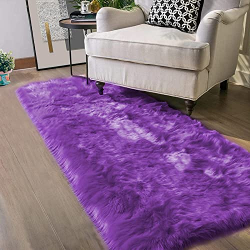 Washable Runners 2x6 Fluffy Shaggy Rug Purple Faux Sheepskin Fur Rug Small Soft Furry Rugs for Living Room Bedroom Sofa Cute Room Decor Runner (2' x 6' (Runner) / Purple)