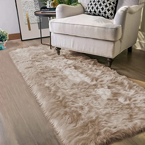 Light Brown Beige Faux Sheepskin Fur 2x10 Runner Rug for Hallway Non (2' x 10' (Runner) / Beige)