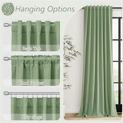 100% Blackout Linen Curtains 102 Inch Length 2 Panels Set for Living Room Bedroom Back Tab Thermal Insulated Black Out Linen Drapes Room Darkening Window Curtains (Light Sage / 52"W x 102"L (Pack of 2))