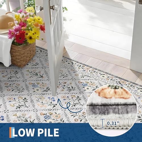 Large Area Rugs 10x13 Washable Rug for Spring Farmhouse Floral Carpet Grey Beige Soft Non Slip Low Pile Faux Wool Stain Resistant for Bedroom Kitchen Bathroom Laundry (Grey/Beige / 10' x 13' (Rectangular))