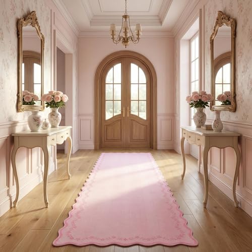 2.5x10 Scalloped Washable Runner Rug Long Hallway Kitchen Rug (Pink / 2'6" x 10' (Rectangular))