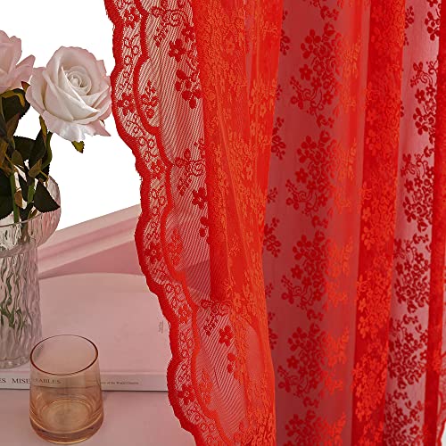 Vintage Lace Curtains 63 Inch Length 2 Panels Set Christmas Red Sheer Curtain Panels for Bedroom Winter Window Treatments for Holiday Living Room Dining Room Bedroom 52W x 63L (Red / 52"W x 63"L (Pack of 2))