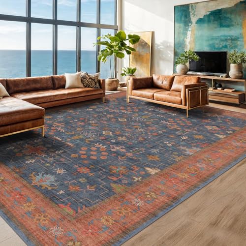 Boho Navy Blue 10x12 Area Rug for Living Room (10' x 12' (Rectangular) / Blue / Terracotta)