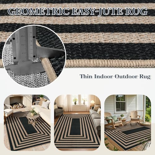Modern Geometric Easy Jute Outdoor Rug (5' x 7' (Rectangular) / Black/Nature Border)