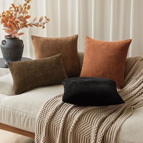 Solid Textured Chenille Throw Pillow Covers 24x24 Inch (24" x 24" (Pack of 2) / Honey Ginder)