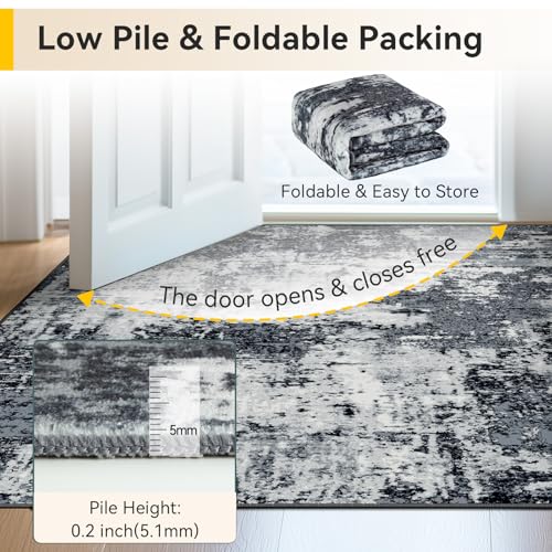 Washable Runner 2'x6' Abstract Area Rug for Hallway Black White (Black/Navy Blue/Gray / 2' x 6' (Runner))