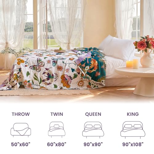 Boho Throw Blanket 50"x60" 100% Cotton Butterfly Floral Blanket Couch (Bloom Butterfly / 50"x60")