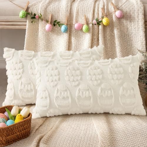 Cream White Faux Fur Egg Throw Pillow Covers 12x20 Set of 2 (20" x 12" (Pack of 2) / Eggs Cream White)
