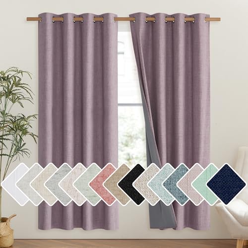 Chaise Mauve Vintage Linen 100% Blackout Curtains for Living Room (52"W x 72"L (Pack of 2) / Chaise Mauve)