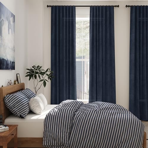Navy Blue Semi Sheer Curtains 72 Inches Long 2 Panels Set for Bedroom Back Tab Rod Pocket Light Filtering Drapes Cotton Linen Textured Indigo Blue Farmhouse Living Room Curtain 52X72 (52"W x 72"L (Pack of 2) / Navy Blue)