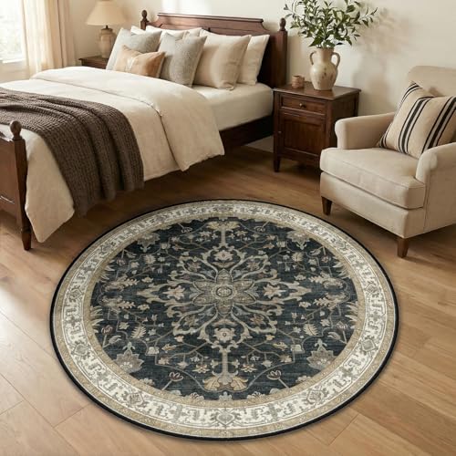 Washable Area Rug (Black/Vintage/Beige / 4' (Round))
