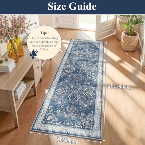 2x6 Washable Hallway Runner Rug Non Slip Floral Carpet (Blue / 2' x 6')