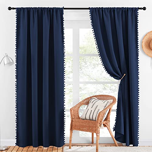 Navy Blue Blackout Curtains with Pompoms (Midnight Blue / 52"W x 84"L (Pack of 2))