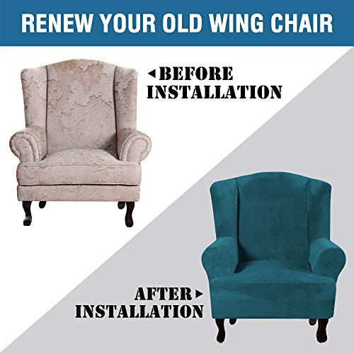 Wingback Chair Covers Velvet Plush Wing Chair Slipcover 1 Piece High Stretch Wing Back Chair Slipcovers Sofa Cover Furniture Cover with Elastic Bottom (Deep Teal / Wing Chair)
