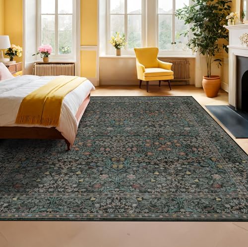 Floral Dark Green Washable Area Rugs 8x10 (Dark Green / Black / 8' x 10' (Rectangular))