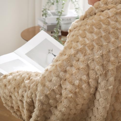 Beige Throw Blanket 108"×90" inches Fuzzy 3D Jacquard Decorative (Beige / 108"×90”)