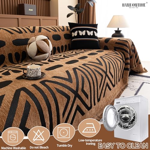 Geometric Boho Couch Cover for Sofa Decor (71" x 134" / Stripe: Brown and Black)