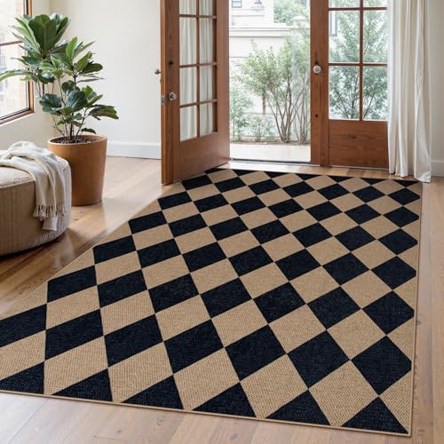 Checkered Easy Jute 5x7 Outdoor Rug (5' x 7' (Rectangular) / Nature and Black/Checkerboard -2)