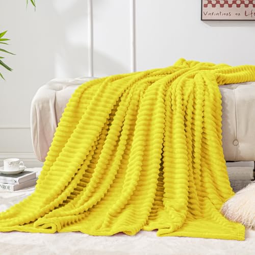 3D Ribbed Jacquard Yellow Fleece Twin Blanket for Bed (Yellow / Twin(60"x80"))