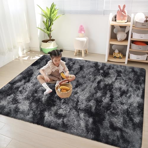 4x6 ft Area Rug for Bedroom Black Grey Tie Dye Fluffy Rug Mat Bedside Throw Rug for Living Room Kids Room Boys Teens Nursery Baby Dorm Office Home Decor Aesthetic Carpets (Tie-dyed Black Grey / 4' x 6' (Rectangular))