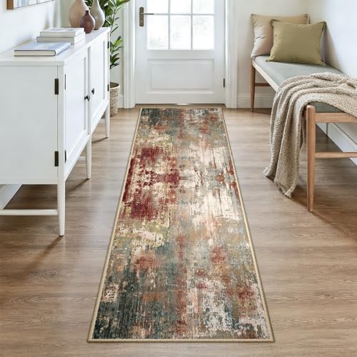 Washable Runner 2'6"x8' Abstract Area Rug for Hallway Rustic Brown (Rust Red/Green/Blue/Multi / 2'6" x 8' (Runner))