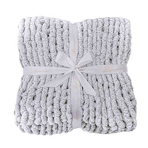 Chunky Knit Throw Blanket for Couch (Light Grey W/ a Little Bit Purple / 51"x63" (Large Size Throw）)