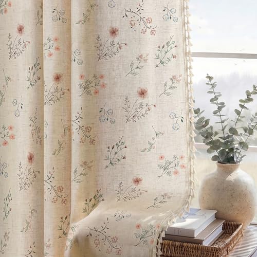 Boho Floral Light Filtering Curtains 90 Inch 2 Panels Linen Texture (Light Filtering Vintage Florals / 52"W x 90"L (Pack of 2))