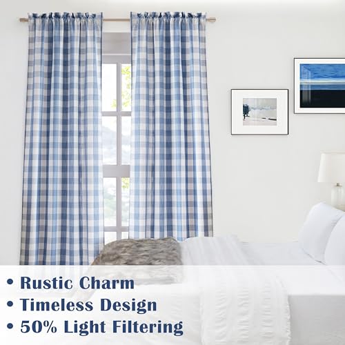 Dusty Blue White Buffalo Plaid Semi Sheer Curtain Panels 84 Inch (Blue/White / 52"W x 84"L (Pack of 2))